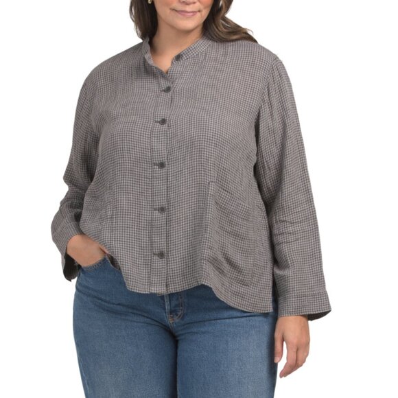 EILEEN FISHER blue/grey Plus Linen Mandarin Collar Jacket - Picture 1 of 2